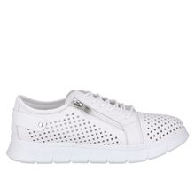 A white leather low-top sneaker with a side zipper, white laces, and a perforated pattern on the side panels and toe cap.