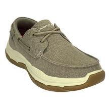 The Colorado Kanebo boat style shoe with a sneaker style sole made from EVA and rubber providing low slip traction. The shoe is made from a dark taupe canvas.