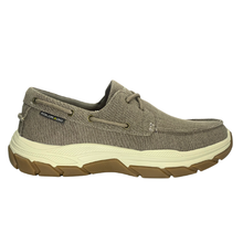 The Colorado Kanebo boat style shoe with a sneaker style sole made from EVA and rubber providing low slip traction. The shoe is made from a dark taupe canvas.