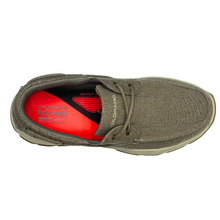 The Colorado Kanebo boat style shoe with a sneaker style sole made from EVA and rubber providing low slip traction. The shoe is made from a dark taupe canvas.