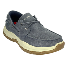 The Colorado Kanebo boat style shoe with a sneaker style sole made from EVA and rubber providing low slip traction. The shoe is made from a dark navy blue denim canvas.