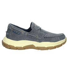 The Colorado Kanebo boat style shoe with a sneaker style sole made from EVA and rubber providing low slip traction. The shoe is made from a dark navy blue denim canvas.