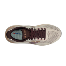 Top view of the pink salt and pebble new balance 680 ladies sneaker with a soft pink stability bar and a burgundy tongue and lace. 