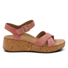 An Aetrex Flora cork veneer wedge sandal in Antique Rose suede leather with arch support and rubber sole.