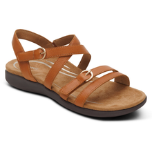A single women's strappy sandal in tan leather with gold-tone buckle details covering a hook and loop fastening and a dark brown sole.