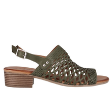 Cabello Alaca. A olive or khaki perforated leather sandal with a small stacked leather heel.