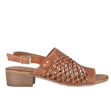 Cabello Alaca. A tan perforated leather sandal with a small stacked leather heel.