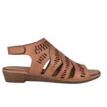 A tan leather strappy sandal with cutout details and a low wedge heel, shown in a side profile view against a plain white background.