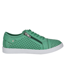 Cabello eg17 casual sneaker in perforated green leather with a side zip for easy access and white sole.