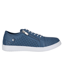 Cabello eg17 casual sneaker in perforated blue jean leather with a side zip for easy access and white sole.