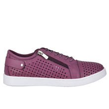 Cabello eg17 casual sneaker in perforated violet purple leather with a side zip for easy access and white sole.