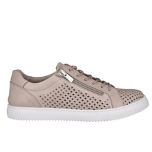 A light taupe leather sneaker with perforated lattice patten details, a white sole, and a silver zipper on the side.