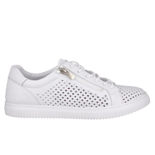 A white leather sneaker with perforated lattice patten details, a white sole, and a silver zipper on the side.