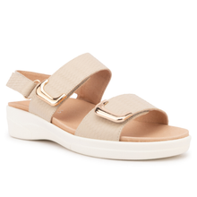 The Klouds Elegance sandal in almond snakeskin print embossed leather with a white wedge. Has three adjustable straps and a removable insole for orthotic use.