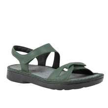 Naot Evora sandal in root green leather. Orthotic friendly sandal with removable cork insole.