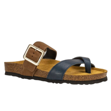 Naot Fresno molded cork thong sandal with brown and navy leather straps.