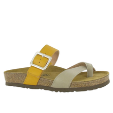 Naot Fresno molded cork thong sandal with yellow and beige leather straps.