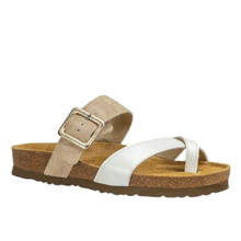 Naot Fresno molded cork thong sandal with beige and white leather straps.