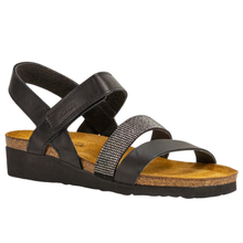Naot Krista black leather strap cork wedge sandal with velco. With decorative sparkly strap.