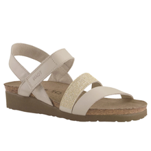 Naot Krista Ivory leather strap cork wedge sandal with velco. With decorative sparkly strap.
