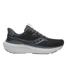 A Saucony running shoe in black and dark gray with a thick white midsole, shown from a side profile view on a plain white background.