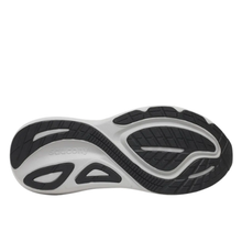 The outsole of a Saucony athletic shoe, showing a black treaded pattern over a white and light gray cushioned midsole, isolated on a white background.