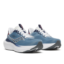 A pair of Saucony athletic sneakers in blue and white, shown from a three-quarters angle against a clean white background.
