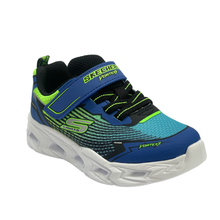 A Skechers Vortex kids' sneaker in blue, black, and lime green, featuring a hook-and-loop strap closure and a white textured sole.