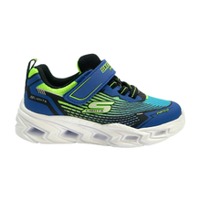 A Skechers Lights sneaker in blue, black, and lime green, featuring a hook-and-loop strap closure and a chunky white sole with built-in LED light pockets.