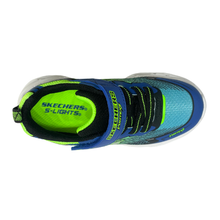 A Skechers running shoe shown from a top-down view, featuring a blue mesh upper with lime green accents, black elastic laces, a hook-and-loop strap, and a white midsole.