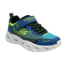 A Skechers Vortex Lights sneaker in blue, black, and lime green, featuring a white cushioned sole, hook-and-loop strap and on/off switch.