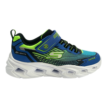 A Skechers Lights sneaker in blue, black, and lime green, featuring a chunky white sole with built-in LED light pockets, a hook-and-loop strap and on/off switch.