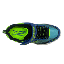 A Skechers running shoe shown from a top-down perspective, featuring a blue and teal mesh upper with black laces, neon green accents, and hook-and-loop strap.