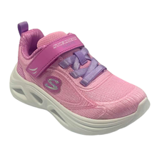 The sketchers sola glow in dazzle steps, a pink light up velcro sneaker with lavender elastic laces.