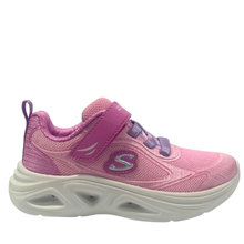 The sketchers sola glow in dazzle steps, a pink light up velcro sneaker with lavender elastic laces.