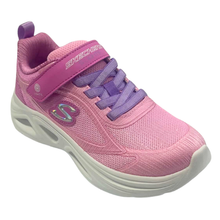The sketchers sola glow in dazzle steps, a pink light up velcro sneaker with lavender elastic laces.