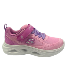 The sketchers sola glow in dazzle steps, a pink light up velcro sneaker with lavender elastic laces.