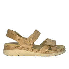 Suave Monty. An sandy taupe open-toe slingback sandal with two adjustable straps and a beige footbed and sole, made in Portugal.