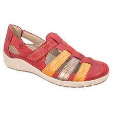 SUAVE PORTIA ruby red with orange straps Forbes Footwear ladies closed toe sandal with rubber sole and Velcro fastening. Orthotic friendly.