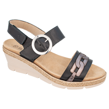 A black and taupe women's wedge espadrille look sandal with a metallic silver buckle on the ankle strap and a decorative chain-link pattern on the toe strap.