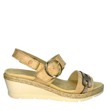 A sandy taupe women's wedge espadrille look sandal with a metallic gold buckle on the ankle strap and a decorative chain-link pattern on the toe 