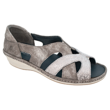 Suave Vichy in terrain metallic grey. An orthotic friendly slip on peeptoe sandal with a leather upper and rubber outsole. Made in Portugal with comfort in mind. 