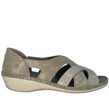 Suave Vichy in terrain metallic grey. An orthotic friendly slip on peeptoe sandal with a leather upper and rubber outsole. Made in Portugal with comfort in mind. 