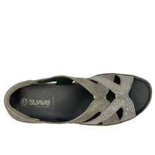 Suave Vichy in terrain metallic grey. An orthotic friendly slip on peeptoe sandal with a leather upper and rubber outsole. Made in Portugal with comfort in mind. 