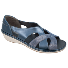 Suave Vichy in airforce metallic blue. An orthotic friendly slip on peeptoe sandal with a leather upper and rubber outsole. Made in Portugal with comfort in mind.  