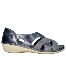 Suave Vichy in airforce metallic blue. An orthotic friendly slip on peeptoe sandal with a leather upper and rubber outsole. Made in Portugal with comfort in mind.  