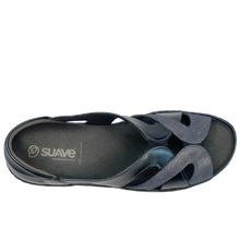 Suave Vichy in airforce metallic blue. An orthotic friendly slip on peeptoe sandal with a leather upper and rubber outsole. Made in Portugal with comfort in mind.  
