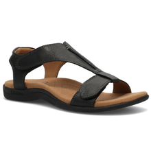 TAOS THE SHOW, a black t-bar adjustable chunky strap sandal with a padded heel strap and rubber sole.