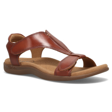 TAOS THE SHOW, a cognac brown natural grain leather t-bar adjustable chunky strap sandal with a padded heel strap and rubber sole.